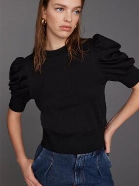 Women’s SOLDOUT.NYC Black Puff Sleeve 100%Organic Cotton Sweatshirt Short Sleeve